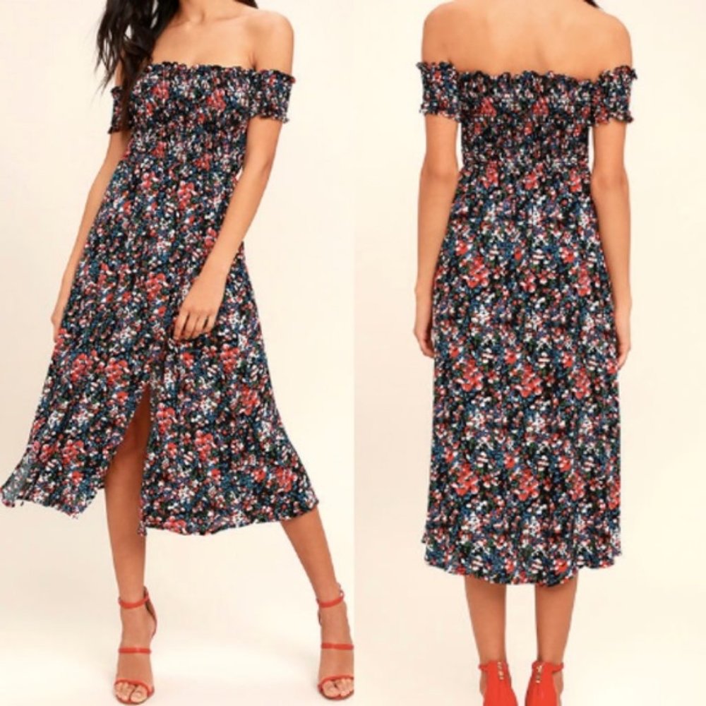 Lulu's Black Floral Print Off-the-Shoulder Dress